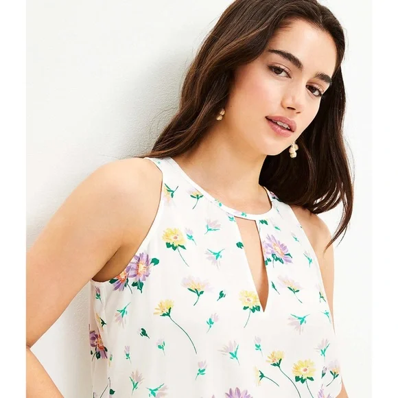 LOFT Floral Tie Back Keyhole Shell Whisper White Tank XS - Picture 3 of 11